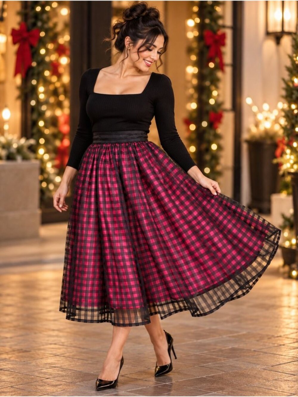 Unique Vintage Overlay Swing A-Line Midi Skirt High Rise Plaid Sheer Retro Goth